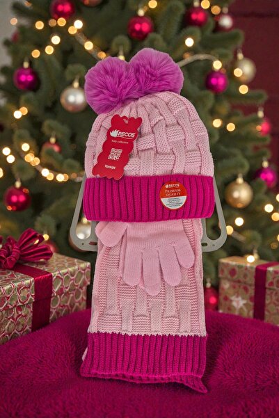 QUB CLUB Girl's Scarf Hat Gloves 3-Piece Set