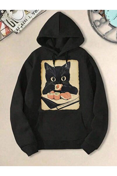 Ritec هودي مطبوع للجنسين قصة فضفاضة بتصميم القط والسوشي
