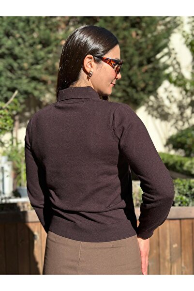 nidistore Brown Women's Scarf Detailed Collar Long Sleeve Knit Sweater