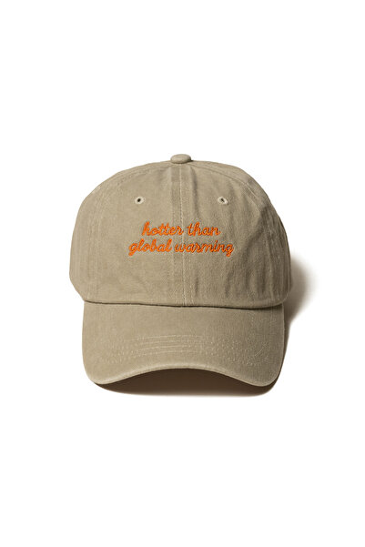 Nome Studio Beige Hat with Orange Embroidered Fabric and Text Embroidery, Cotton Adjustable Hat, Hotter Than Global Warming