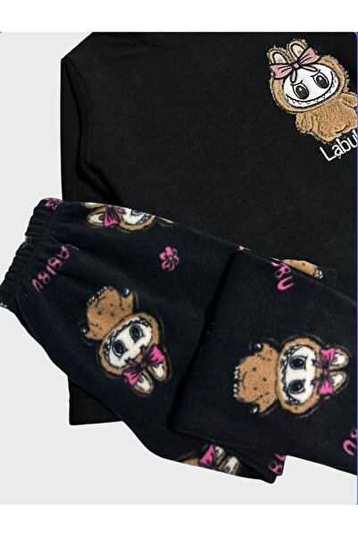 ALİŞ KİDS Girls - Boys' Fleece Fabric Black Labubu Patterned Long Sleeve Winter Pajama Set
