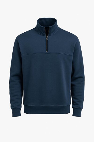 CLASSİCS MEN Unisex Relax Fit Comfortable Cut Cotton Half Zipper Stand Collar Sweatshirt