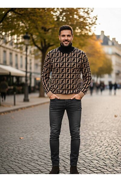 YusGos Men's Turtleneck Steel Knit High Quality Patterned Sweater