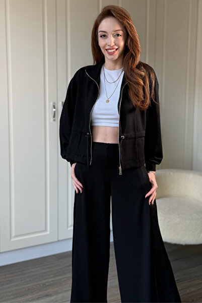 Dilay Gökoğlu Butik Modal Fabric Wide Leg Waist Ruched Detail Cardigan Trouser Set