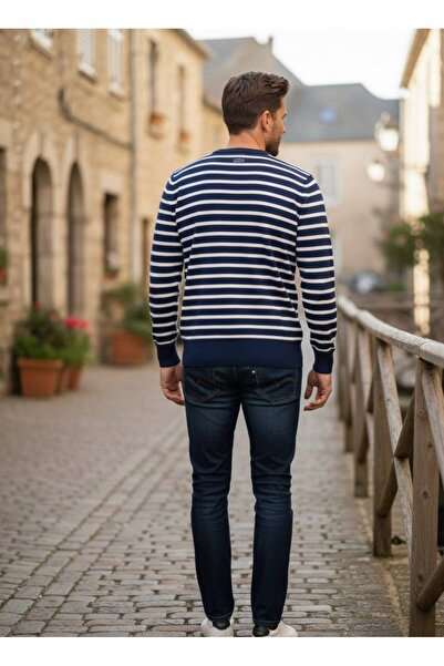 YusGos Men's Crew Neck Steel Knit High Quality Striped Sweater