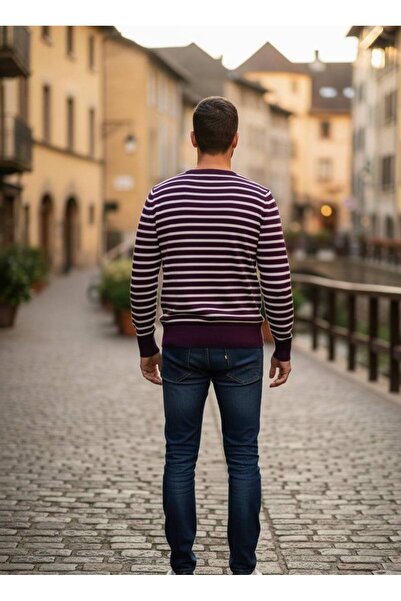 YusGos Men's Crew Neck Steel Knit High Quality Striped Sweater