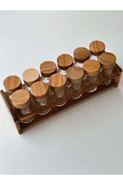 SUELF CO 12-Piece Glass Spice Rack with Acacia Wood Lid and Stand
