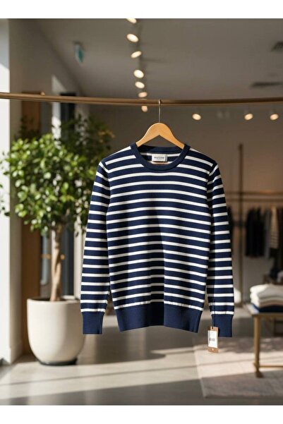 YusGos Men's Crew Neck Steel Knit High Quality Striped Sweater