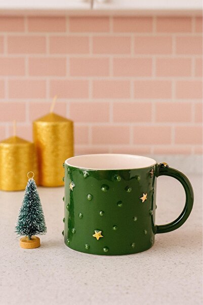 uğurlu dükkan Green mug with gold star embossed and handle