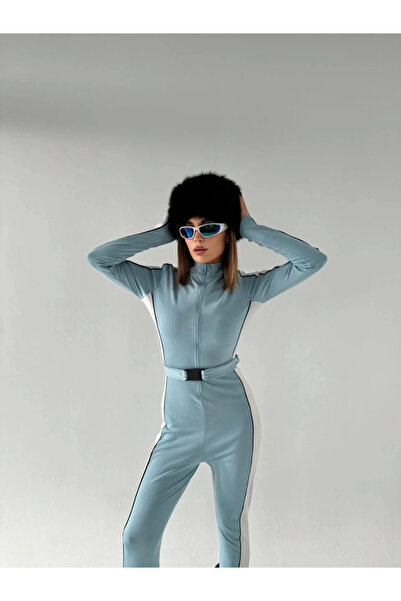 lunirawear Velmora Belt Detailed Zippered Jumpsuit - Baby Blue -