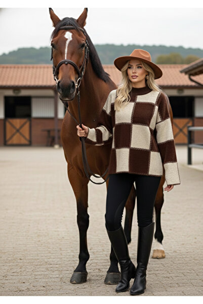 K-ODEA BUTİK Women's Brown Soft Textured Square Pattern Knitwear Sweater