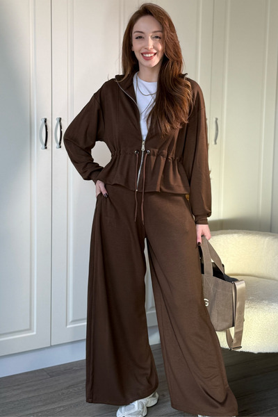 Dilay Gökoğlu Butik Σετ καφέ παντελόνι με φαρδιά μέση λεπτομέρεια με σούρες από ύφασμα Modal