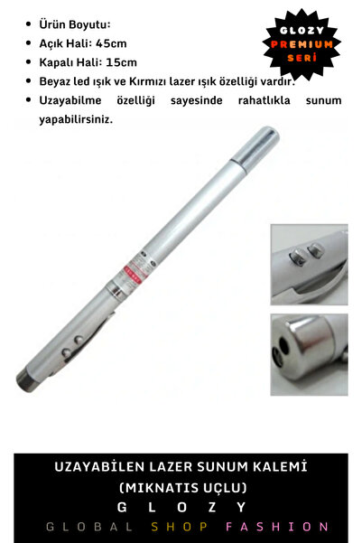 GLOZY Premium Seri Profesyonel Kullanıma Uygun Uzayan Mıknatıs Uçlu Lazer Işını Sunum Kalemi