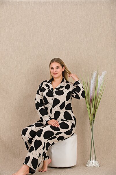 lidofya Patterned Buttoned Belmando Viscose Plus Size Pajama Set