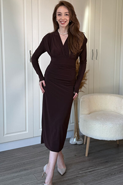 Dilay Gökoğlu Butik V-Neck Elegant Bust Draped Midi Dress