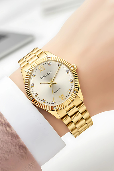 Ferrucci Jubilee Cord Steel Case Women Wristwatch, Bracelet Gift Gold Color Z...