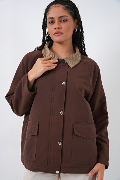 Bigdart Women's Pocket Detailed Oversized Jacket 5973 - Brown