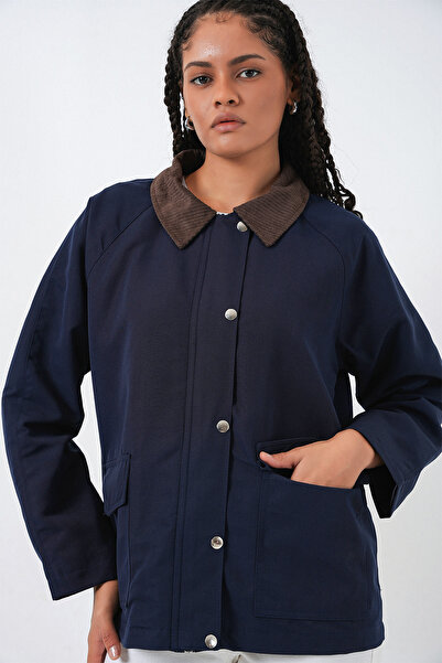 Bigdart Women's Pocket Detailed Oversized Jacket 5973 - Navy Blue