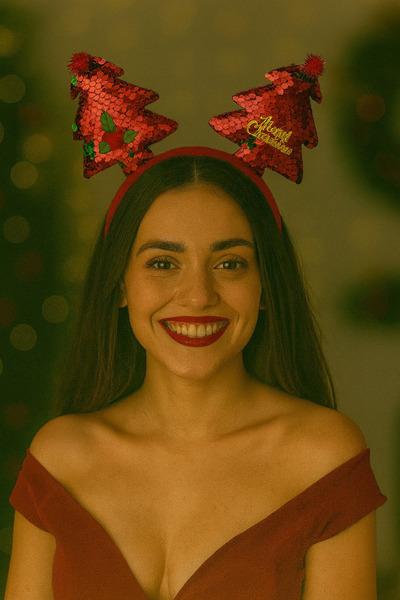 Jaida Moda Γυναικεία χριστουγεννιάτικη στέφανο με παγιέτες σε κόκκινο χρώμα με την επιγραφή Merry Christmas