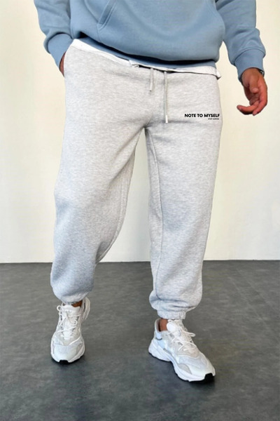 THE RULE Note to Printed Winter 3 Thread Ş Fleece-Lined Relaxed Fit Elasticated Leg Cotton Gray Jogger Sweatpants