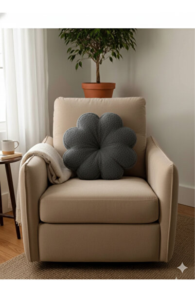 pufftable peluş papatya yastık kırlent içi dolgulu antrasit teddy kumaş büyük...