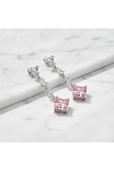 925 Ayar Gümüş Ice Cut Pembe Işıltılı Sallantılı Kadın Küpe