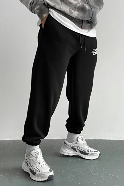 THE RULE Stüssy Printed Winter 3 Thread Sh Fleece-Lined Relaxed Fit Elasticated Leg Cotton Black Jogger Sweatpants
