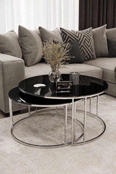 MYDECO Yavrulu 1+1 Orta Sehpa Gümüş Kaplama Siyah Ayna