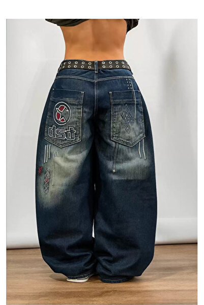 Köstebek Yıkamalı Kumaş D2T İşlemeli Vintage Baggy Pantolon