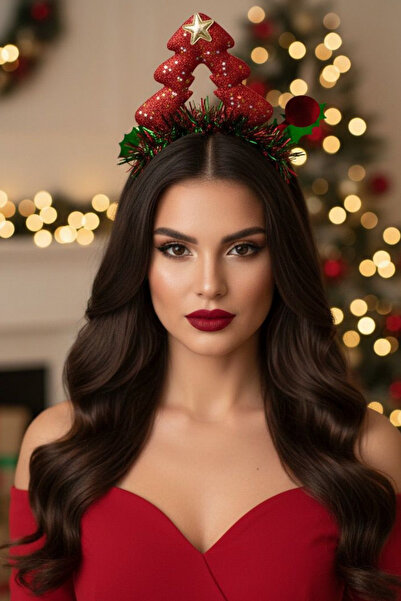 Jaida Moda Γυναικεία Χριστουγεννιάτικη Στέμμα με Κόκκινη Φιγούρα Πεύκου, Αστέρι και Λεπτομέρεια Φούντας