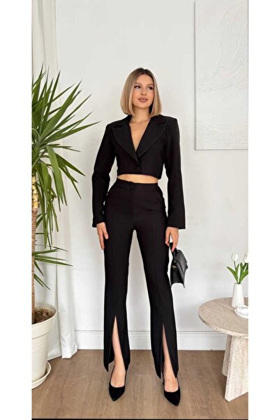 Azra Moda Style Tek Düğme Crop Ceket Pantolon Takım Kadın