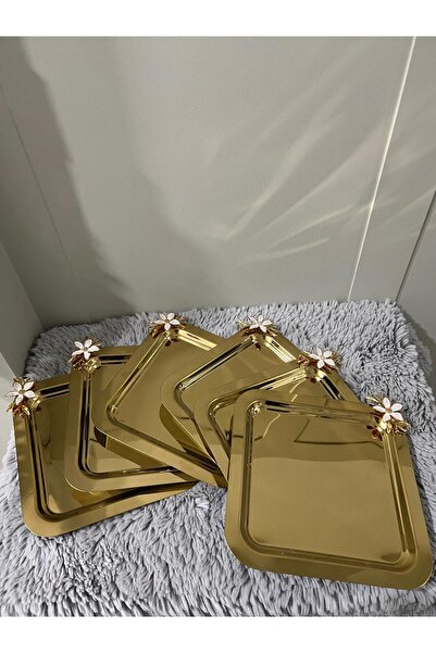 Genel Markalar TEK TARAFLI GOLD 6'Lı Paslanmaz Çelik Mini Papatya Aksesuarlı Kahve Sunum & Servis İkramlık Tepsisi
