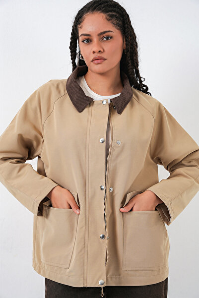 Bigdart Women's Pocket Detailed Oversized Jacket 5973 - Beige
