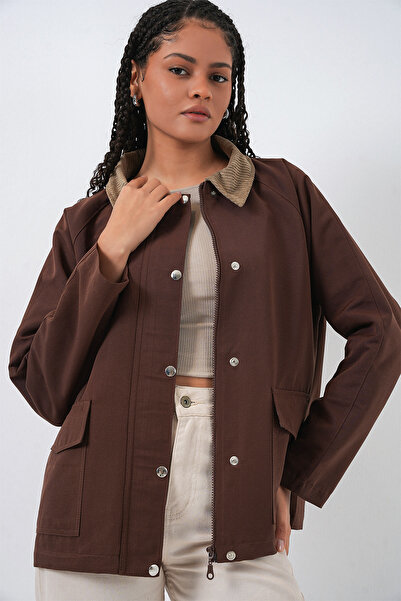 Bigdart Women's Pocket Detailed Oversized Jacket 5973 - Brown