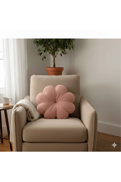 pufftable peluş papatya yastık kırlent içi dolgulu pembe teddy kumaş büyük boy