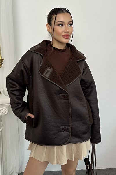 moda armanc معطف نسائي من الجلد الصناعي O قصة فضفاضة مبطن بالفرو - معطف من جل...