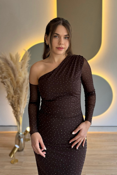 Aventien One Shoulder Stone Brown Tulle Dress