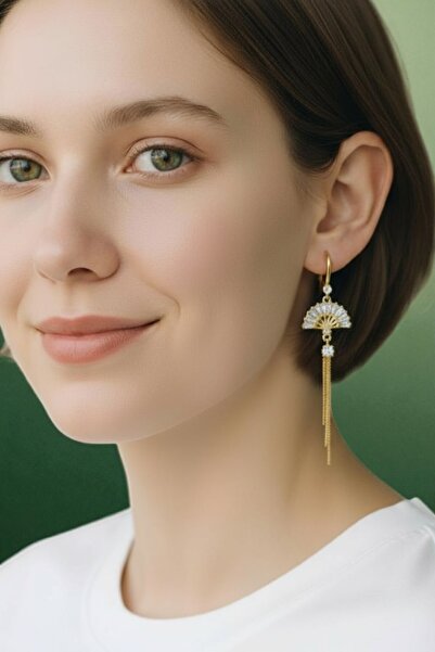 Lorivelle Kadın Baget Taşlı Art Deco Yelpaze Küpe | 14K Altın Kaplama Çelik P...