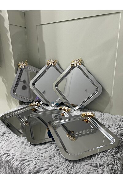 Genel Markalar 6'Lı Paslanmaz Çelik Mini Papatya Aksesuarlı Kahve Sunum & Servis & İkramlık Tepsisi