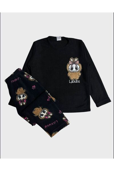 ALİŞ KİDS Girls - Boys' Fleece Fabric Black Labubu Patterned Long Sleeve Winter Pajama Set