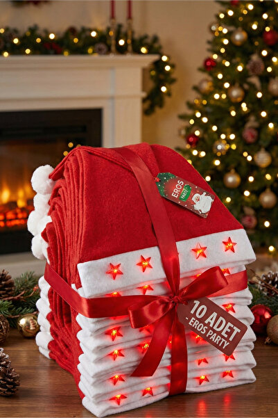 Eros Party 10 Adet Işıklı Yılbaşı Yeni Yıl Şapkası Noel baba şapka Açma Kapam...