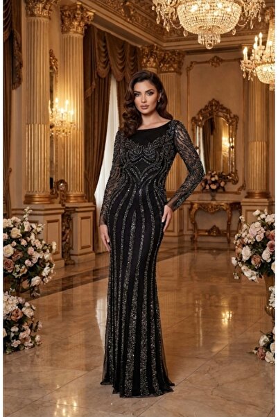 UZER Milano Studio Premium Collection El İşçiliği Kristal Taşlı, İtalyan Kesim Siyah tasarım Abiye