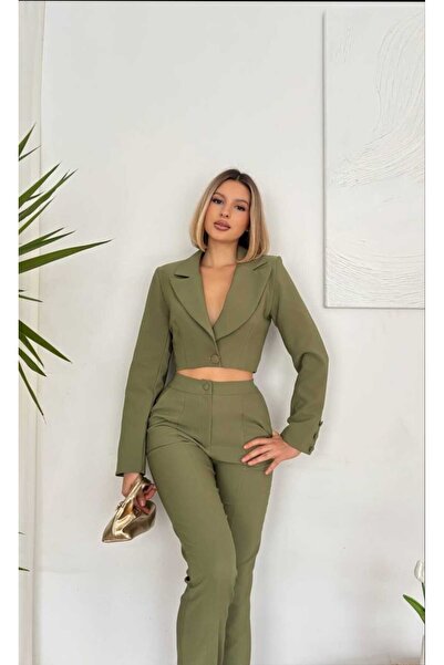 Azra Moda Style Tek Düğme Crop Ceket Pantolon Takım Kadın