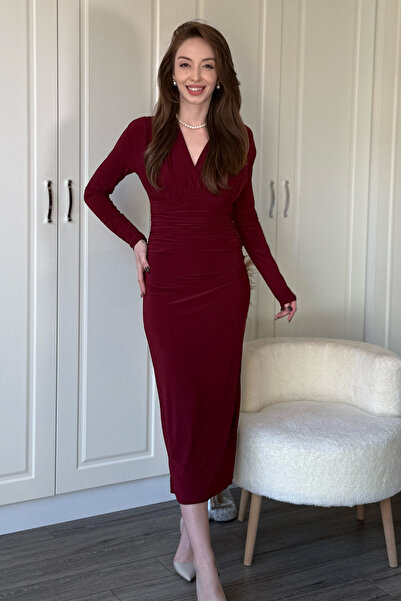 Dilay Gökoğlu Butik V-Neck Elegant Bust Draped Midi Burgundy Dress