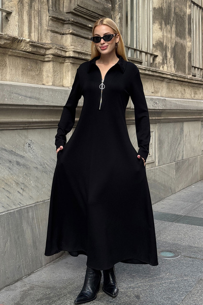 bacc Kadın Siyah Polo Yaka Fermuarlı Çift Cepli Rahat Kesim Yumuşak Dokulu Ör...