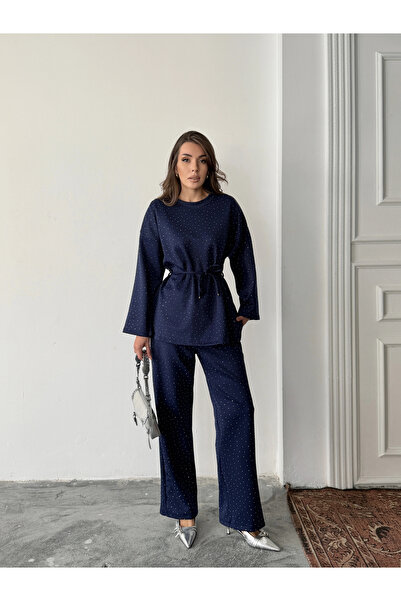 Lusin Women's Navy Blue Stone Embroidered Waist Tie Detailed Blouse Pants Bottom Top Two-Piece Set