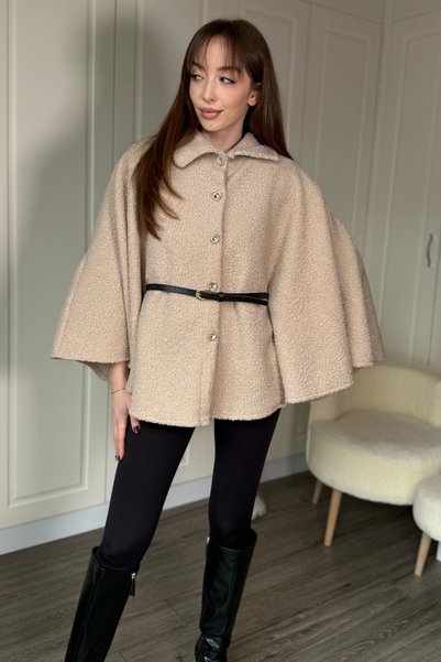 Dilay Gökoğlu Butik Poncho bej cu centură detașabilă