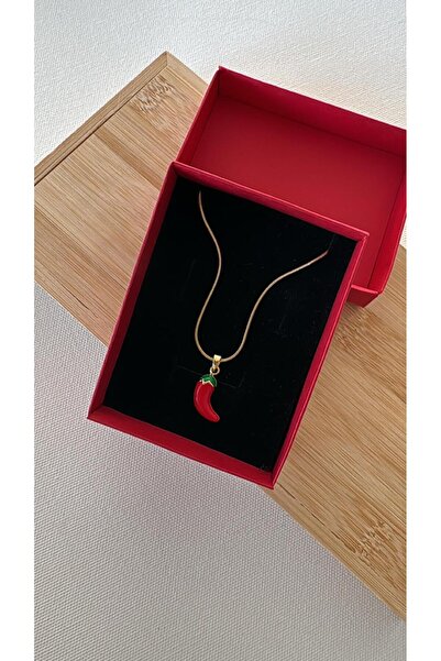 MeLunam Çelik Gold Renk 316L Kalite Kırmızı Biber Kolye