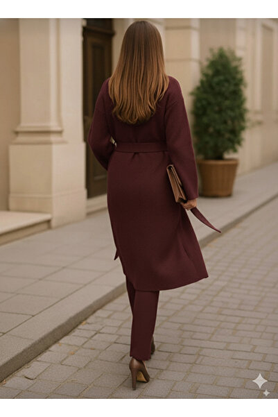 K-ODEA BUTİK Comfortable Fit Bordo Women's Knitwear Jacket with Tie