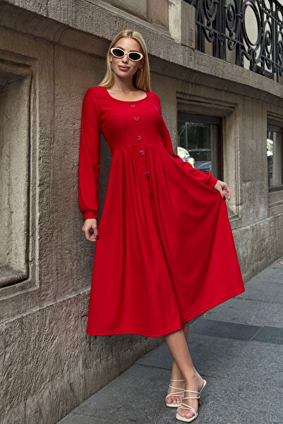 bacc Red Wide Collar Button Detail Double Pocket Soft Textured Fabric Knitted Dress Bcvl-25V239